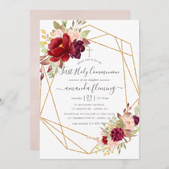 Convites Burgundy e Blush Boho (Frente/Verso)