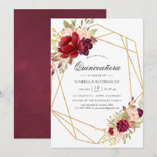 Convites Burgundy e Blush Boho Geométrico Quinceañera