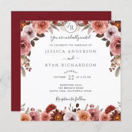 Convites Burgundy e Blush, Casamento Floral Elegante