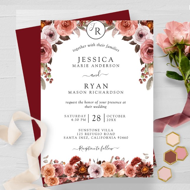 Convites Burgundy e Blush, Casamento Floral Monograma (Criador carregado)