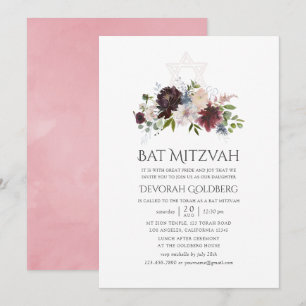 Convites Burgundy e Blush Floral Watercolor Bat Mitzvah