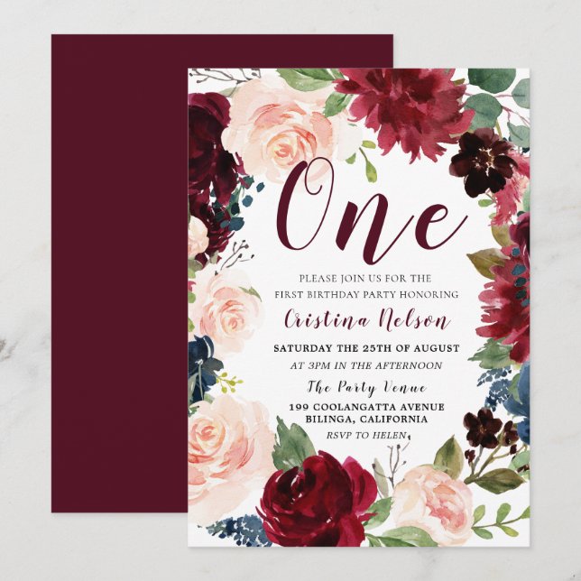 Convites Burgundy e Blush Girls ou primeiro aniversario Par (Frente/Verso)