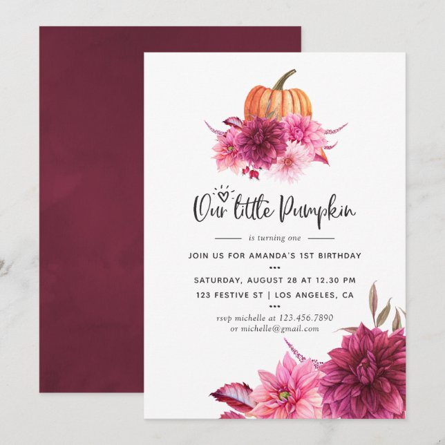 Convites Burgundy e Blush Outono Abóbora Aniversário (Frente/Verso)