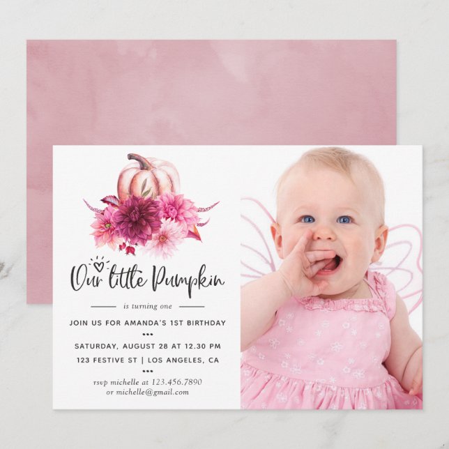 Convites Burgundy e Blush Outono Abóbora Aniversário (Frente/Verso)