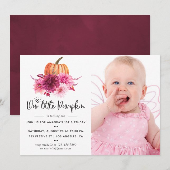 Convites Burgundy e Blush Outono Abóbora Aniversário (Frente/Verso)