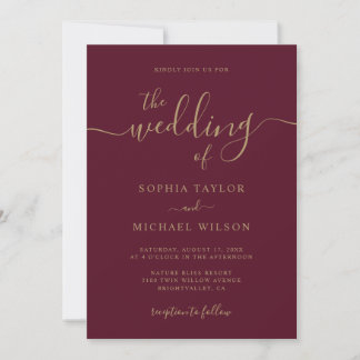 Convites Burgundy e Casamento Dourado da Caligrafia Moderna