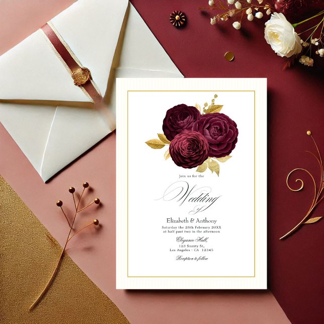 Convites Burgundy e Casamento Dourado de Rosa (Burgundy and Gold Rose Wedding Invitation)