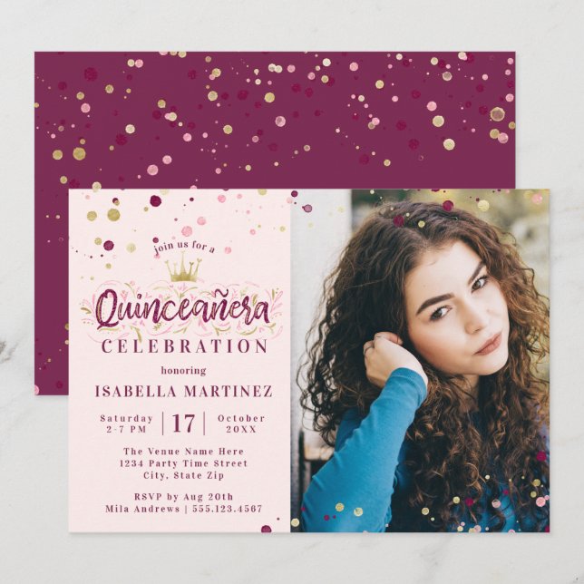 Convites Burgundy e Confetti Quinceañera Dourada com Imagem (Frente/Verso)