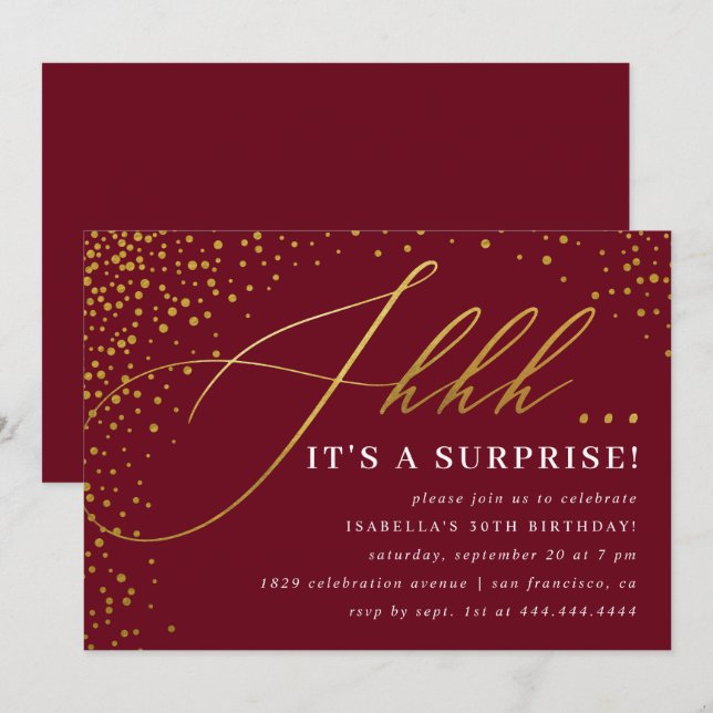 Convites Burgundy e Dourada Confetti Script Surprise Party (Frente/Verso)