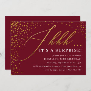 Convites Burgundy e Dourada Confetti Script Surprise Party