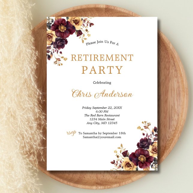Convites Burgundy e Dourada Flaorista de Reforma Elegante (Burgundy Gold Watercolor Florals Retirement Party invitation for her. Printed or Digital)