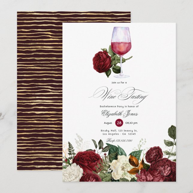 Convites Burgundy e Dourada Floral Wine com o tema Bachelor (Frente/Verso)