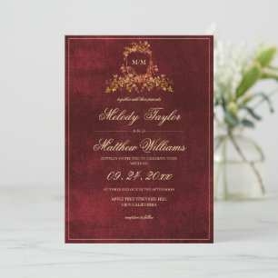 Convites Burgundy e Dourado Brasão Floral de Casamento Eleg