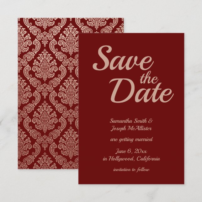 Convites Burgundy e Dourado Rosa Damask Save the Date (Frente/Verso)
