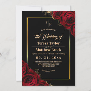 Convites Burgundy e preto ⎮ Rosa Vermelha Casamento Moderno