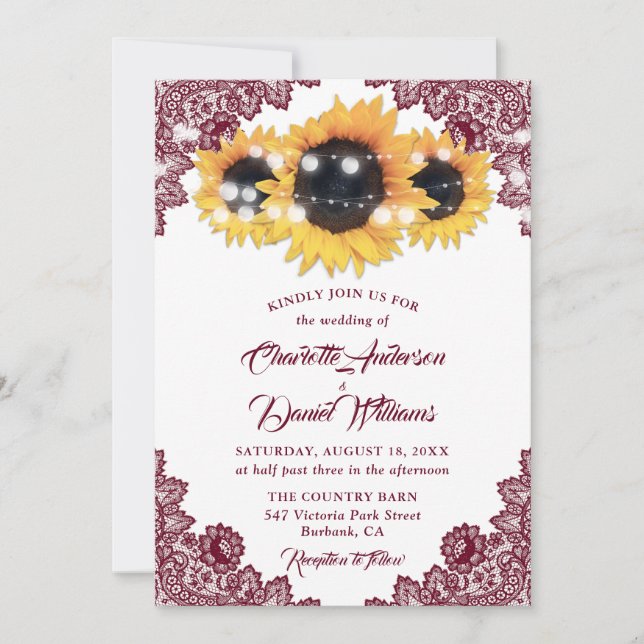Convites Burgundy Elegant Floral Lace Sunflower Wedding (Frente)