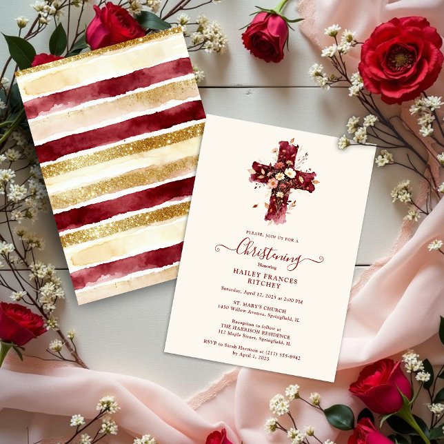 Convites Burgundy Elegant Glitter Floral Cross Baptism (Burgundy Elegant Glitter Effect Floral Cross Christian Baptism Invitation Card Design.)