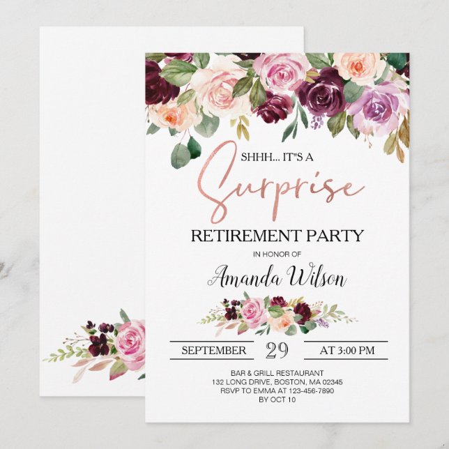 Convites Burgundy Elegant Script Surpresa Party  (Frente/Verso)