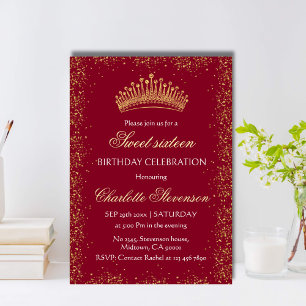 Convites Burgundy Elegante Glitter Dourada Coroa Doce 16 Di