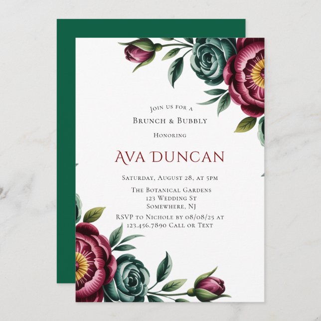 Convites Burgundy & Emerald Peony Winter Brunch & Bubble (Frente/Verso)