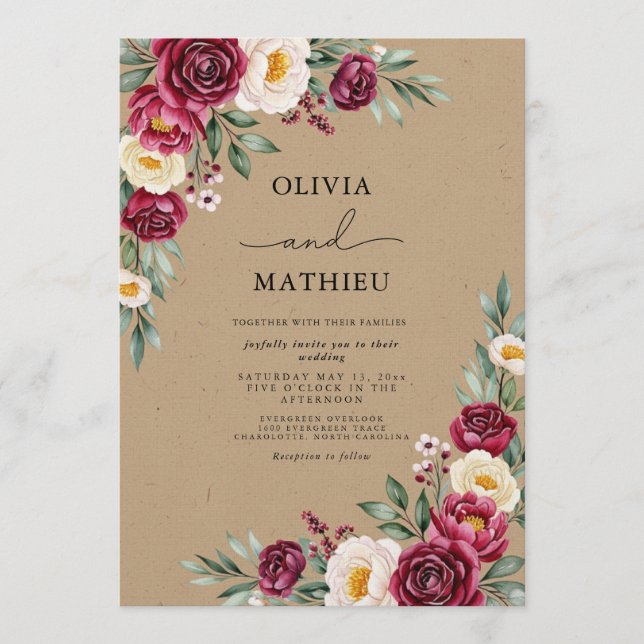 Convites Burgundy Ethereal Flora Wedding (Frente)