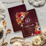 Convites Burgundy Fall Flowers Elegante Script 60º Aniversá<br><div class="desc">Lindas flores de outono decoram dois cantos de um quadro de ouro. Rosas vermelhas,  flores de terracotta e peões brancos misturam-se com folhas verdes e folhagem. As flores e o pop branco moderno contra o fundo vermelho burgundy. Este item faz parte da coleção Flores de Quedas de Borgonha.</div>