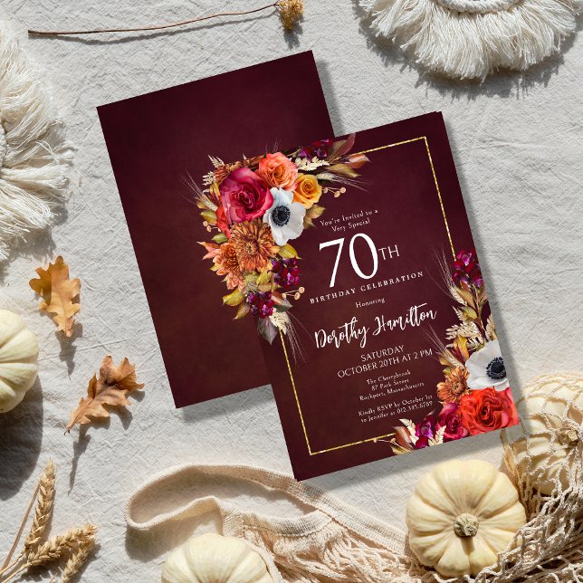 Convites Burgundy Fall Flowers Elegante Script 70 Birthday (Elegant Fall Flowers Pop Against a Burgundy Background on an Autumn Floral 70th Birthday Invitation)