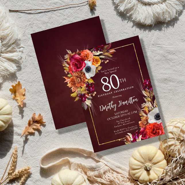 Convites Burgundy Fall Flowers Elegante Script 80 Birthday (Elegant Fall Flowers on a Burgundy Background Create a Dramatic Autumn birthday invitation)