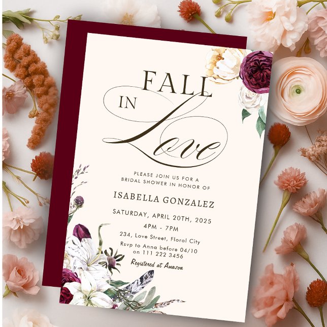 Convites Burgundy Fall in Love Autumn Chá de panela (Burgundy Fall in Love Autumn Bridal Shower Invitation)