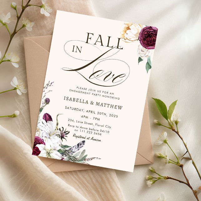 Convites Burgundy Fall in Love Autumn Festa de noivado (Burgundy Fall in Love Autumn Engagement Party Invitation)
