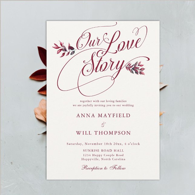 Convites Burgundy Fall Love Story Romântica Casamento Elega (burgundy fall leaves wedding invitation elegant rustic boho modern classic formal romantic simple)