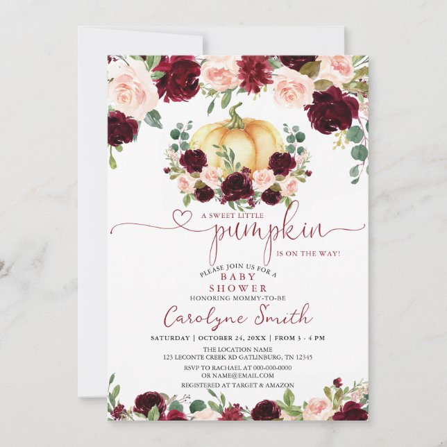 Convites Burgundy Fall Pumpkin Baby Shower Invitation (Frente)