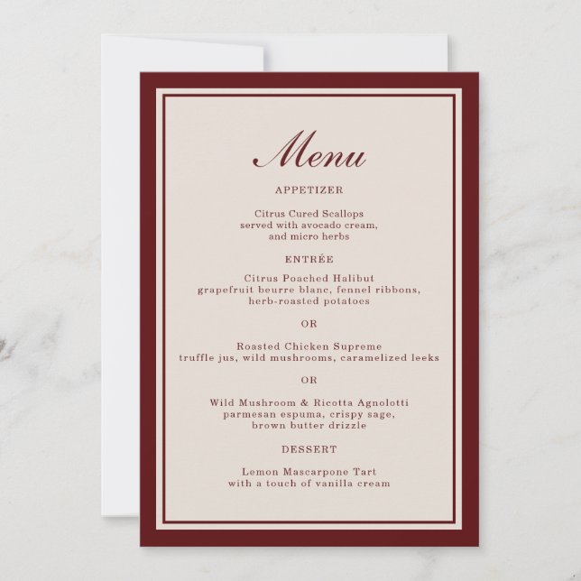 Convites Burgundy Fall Wedding Menu Card (Frente)