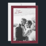Convites Burgundy Fall Wedding Save the Date<br><div class="desc">Burgundy fall wedding Save the Date card designed for a romantic autumn celebration. This elegant photo announcement blends modern minimalist style with rich seasonal color, perfect for the timeless bride planning a cozy vineyard or fall garden wedding. Style it with handmade envelopes, warm floral arrangements, and classic calligraphy for a...</div>