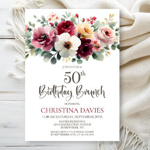 Convites Burgundy Floral 50th Birthday Brunch