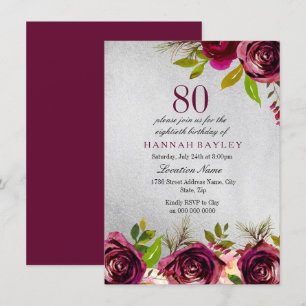 Convites Burgundy Floral 80 Birthday Invite