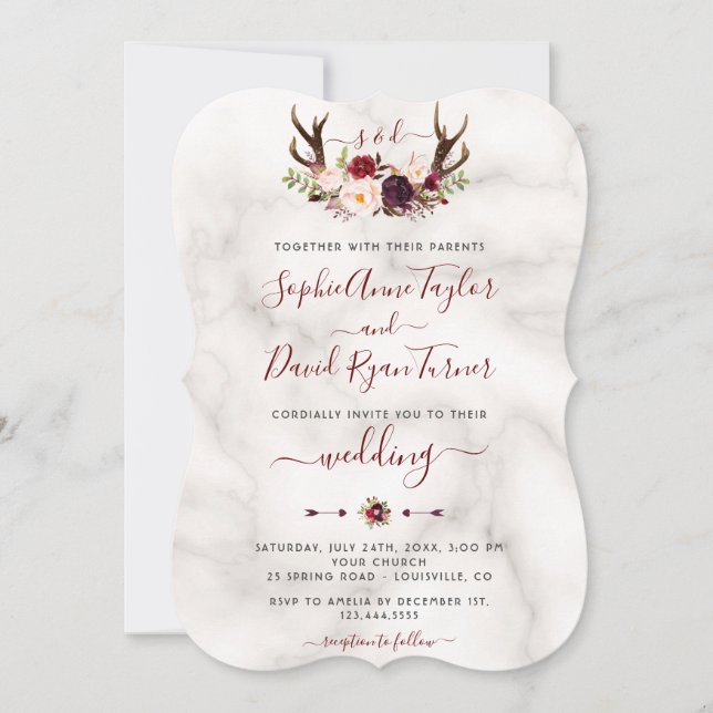 Convites Burgundy Floral Antlers Calliografia Casamento Mar (Frente)