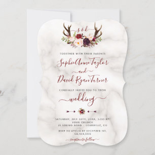 Convites Burgundy Floral Antlers Calliografia Casamento Mar