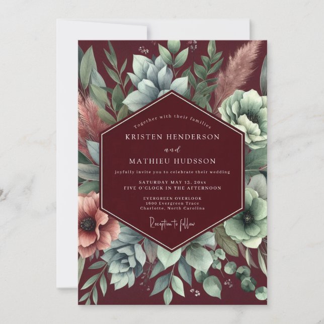 Convites Burgundy Floral Assemblage Wedding (Frente)