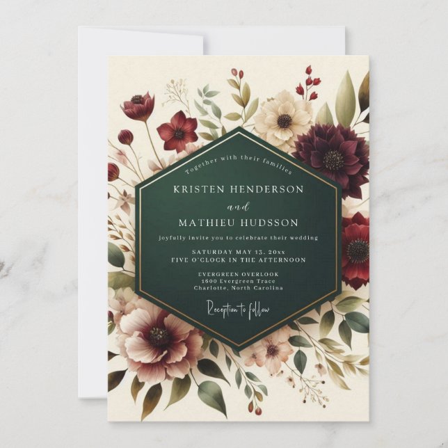 Convites Burgundy Floral Autumn Romance Wedding (Frente)