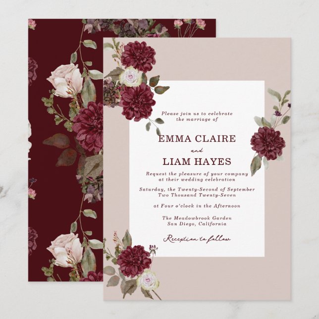 Convites Burgundy Floral Autumn Wedding Invitation (Frente/Verso)