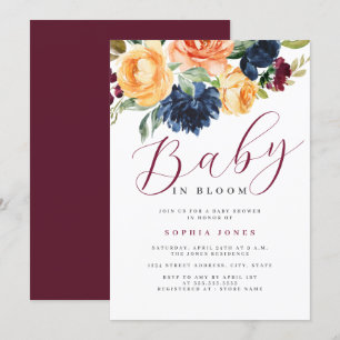 Convites Burgundy Floral Azul Marinho Bebê em Flor Bebê Chá
