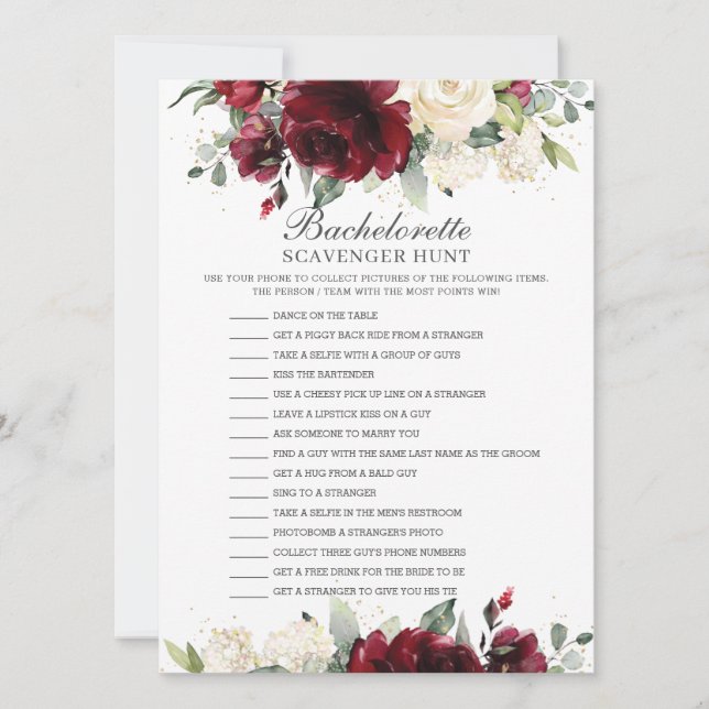 Convites Burgundy Floral Bachelorette Scavenger Hunt (Frente)