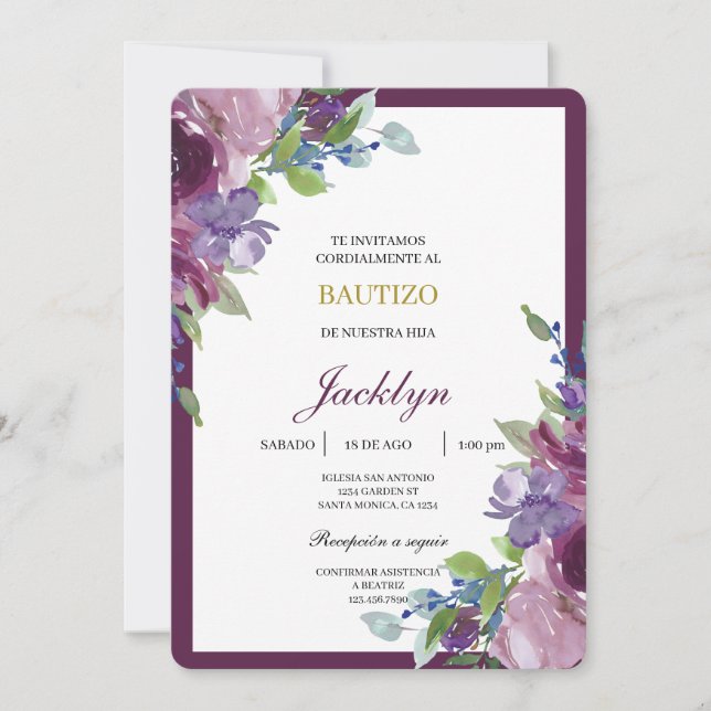Convites Burgundy floral baptism  (Frente)