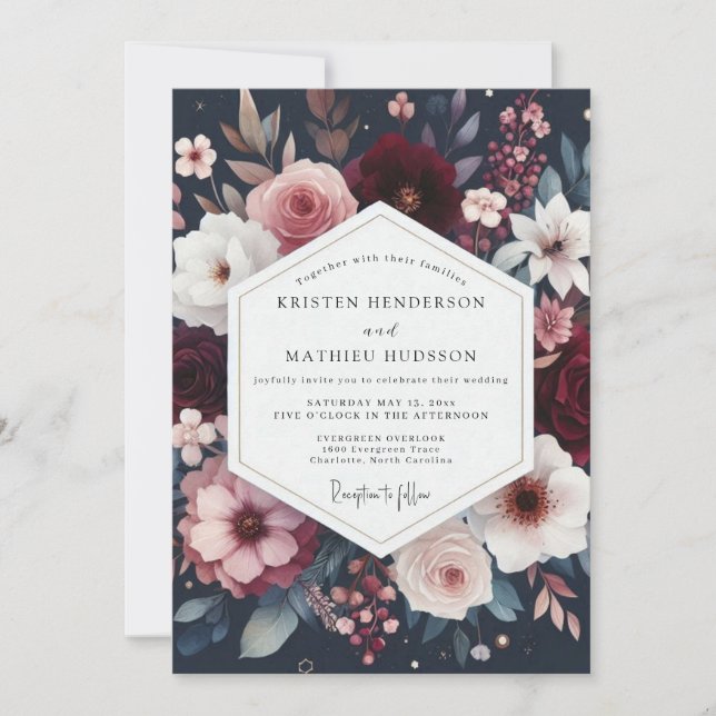 Convites Burgundy Floral Bloom Wedding (Frente)