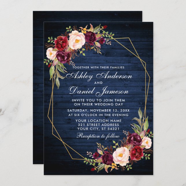 Convites Burgundy Floral Blue Wood Foto Geométrica (Frente/Verso)