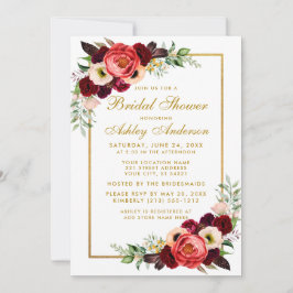 Convites Burgundy Floral Boho Chá de panela Dourado Invite 