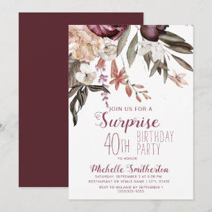 Convites Burgundy Floral Boho Vintage aniversário de 40 an