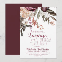 Convites Burgundy Floral Boho Vintage aniversário de 40 ano