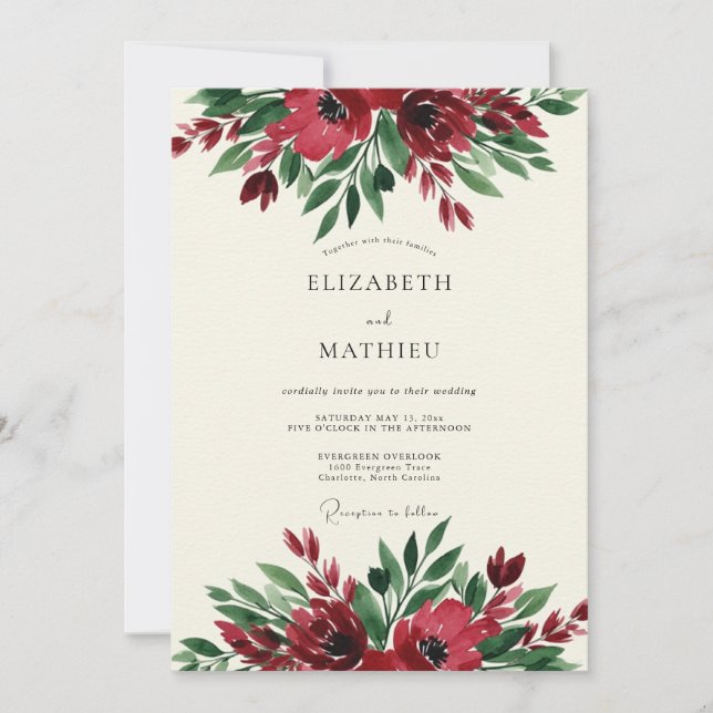 Convites Burgundy Floral Botanical Wedding (Frente)